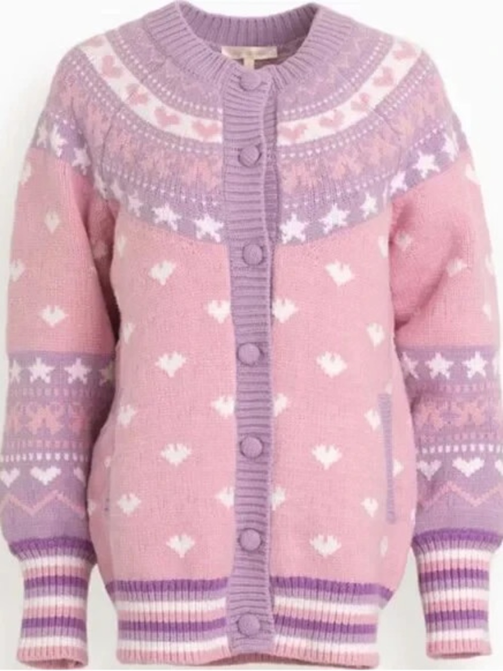 LoveShackFancy Amalo Pink & Purple Heart Boyfriend Cardigan Sweater $595 XS
